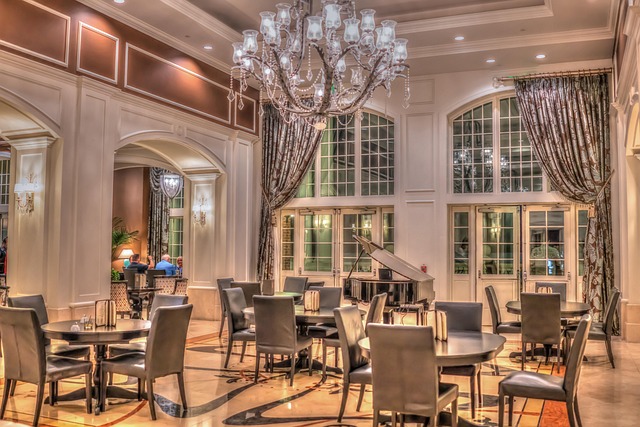 Interior of a hotel lounge bar with seating